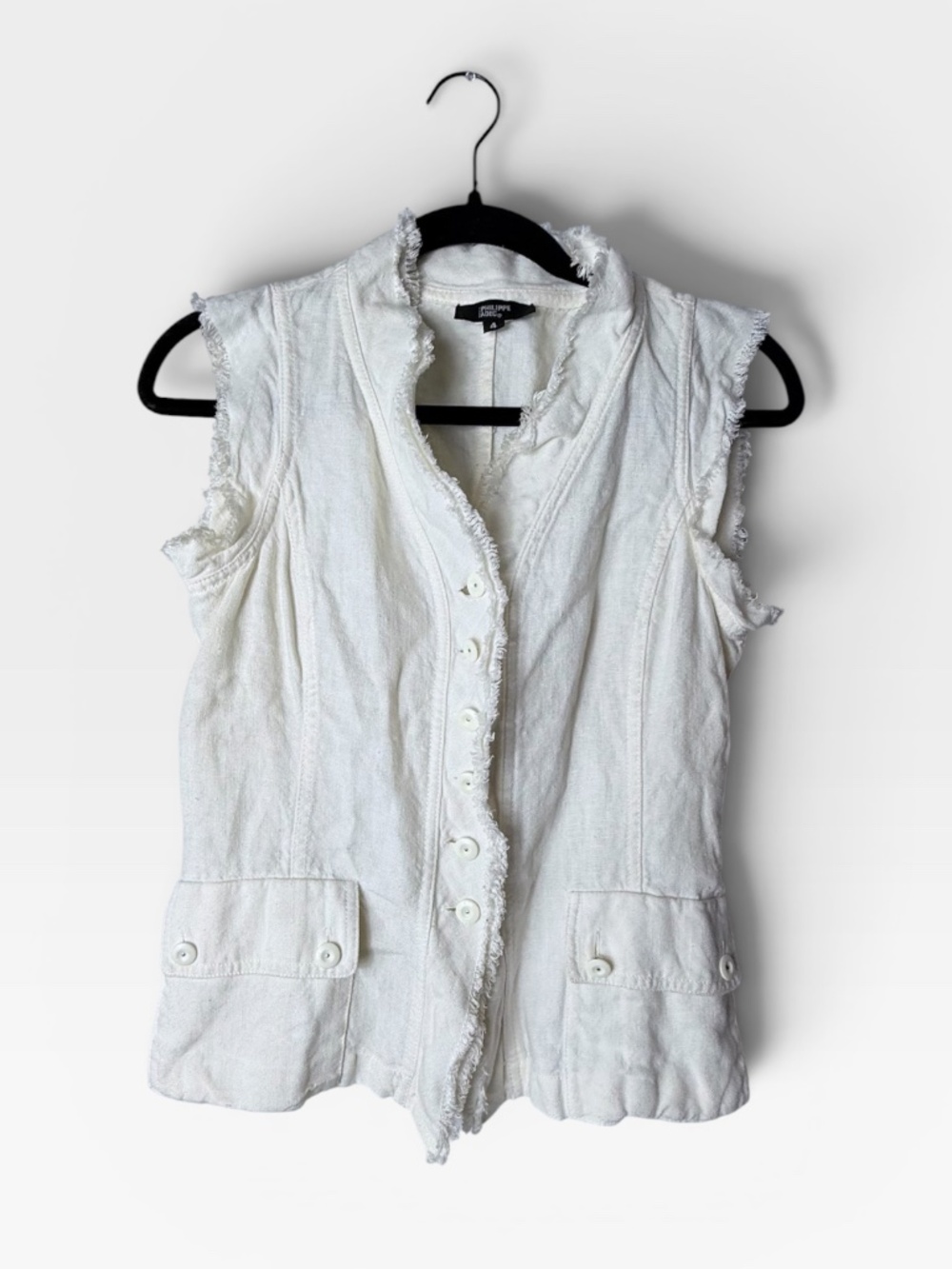 Philippe Adec Linen Vest Size 4 White Fringe Casual Summer Boho (A)